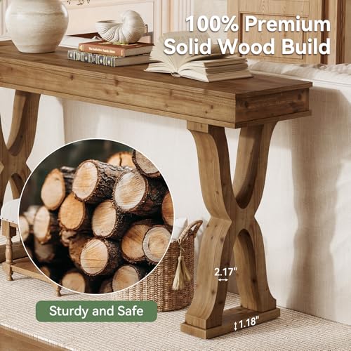 TRIBEWOOD 63-Inch Solid Wood Console Table, Farmhouse Entryway Table with X-Shaped Legs, Long Sofa Table for Living Room, Hallway, or Foyer, Easy Assembly, Anti-tip Kits TRIBEWOOD