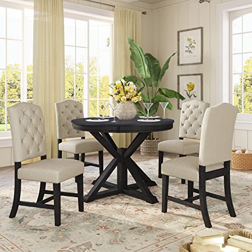 Merax Farmhouse Wooden Round Extendable Dining Table Set with Chairs for 4 Persons 5 Piece Round Kitchen Table Set for Small Space, Deep Espresso Merax