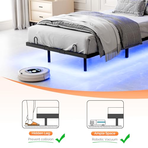 VINGLI Twin Floating Bed Frame with Upholstered Headboard,Charging Station/LED Lights, Modern Platform Bed,Heavy Duty Metal Bed Frame,Adjustable Headboard, No Box Spring Needed, Easy Assembly,Grey VINGLI