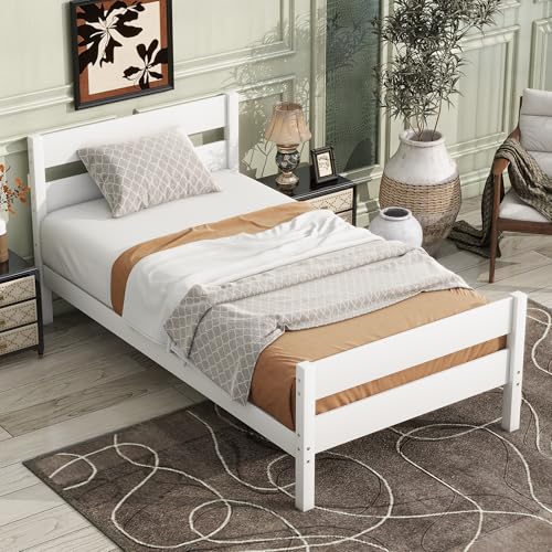 Ball & Cast Twin Bed Frame with Single Panel Headboard and Footboard,Wooden Platform Bed No Box Spring Needed,Wood Slat Support Mattress Foundation,White Ball & Cast