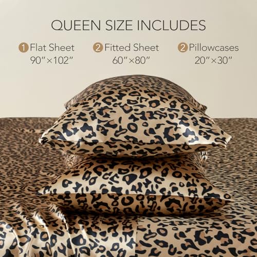 HENGWEI Satin Sheet Set Queen Size, 4 Pieces Silky Bed Sheets with Deep Pocket, Luxury Soft Bedding Set Breathable and Cooling for Hair and Skin, 1 Flat Sheet, 1 Fitted Sheet, 2 Pillow Case HENGWEITEXT