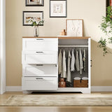 GarveeHome Multifunctional Wooden Dresser for Bedroom, 43.3'' H 2 Door Wardrobe Armoire Closet with 4 Drawers and Hanging Rod, Low Storage Cabinet for Hanging Cloth, White and Brown GarveeHome