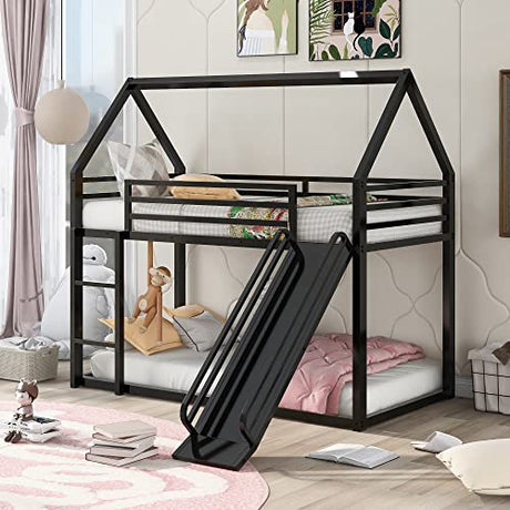 Merax Modern Twin Over Twin Heavy Steel Low Bunk Bed with Ladder and Slide, House Shaped Bunk Bed Frame with Full Lenght Guardrail, No Box Spring Needed, Space-Saving, Black Merax