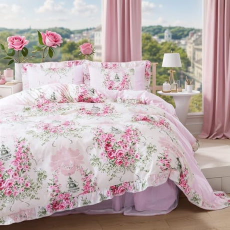 FADFAY Home Textile Pink Rose Floral Print Duvet Cover Bedding Set for Girls 4 Pieces King Size FADFAY