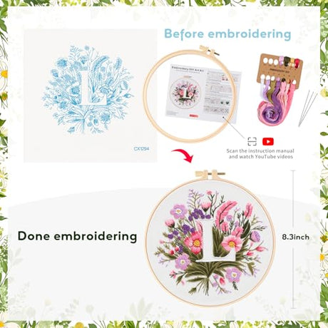 Zerzsy 7.87 '' Embroidery Kits Plant Flower Leaf English Letter Patterns for Beginners Adults, Easy to Learn Cross Stitch Kit for Home Office Decor Zerzsy