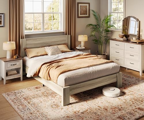 LINSY Queen Bed Frame Wood with Headboard, Farmhouse Bed Frame Queen Size, Wood Platform Bed Fast Assembly, Noise-Free, No Box Spring Needed - Beige - WoodArtSupply