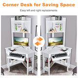 Tangkula White Corner Desk with Hutch, 90 Degrees Triangle Computer Desk with Keyboard Tray & Bookshelves for Small Space, Space Saving Writing Desk with Storage Shelves for Bedroom Apartment Tangkula