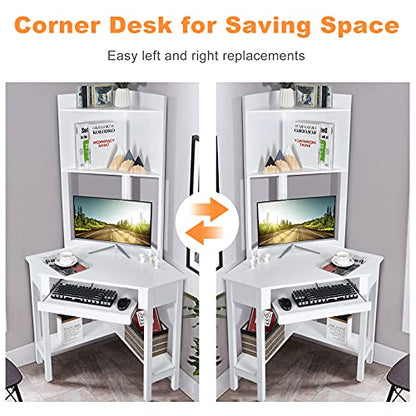 Tangkula White Corner Desk with Hutch, 90 Degrees Triangle Computer Desk with Keyboard Tray & Bookshelves for Small Space, Space Saving Writing Desk with Storage Shelves for Bedroom Apartment - WoodArtSupply