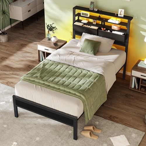 Furnulem Twin Bed Frames with Charging Station and LED Lights, Wood Headboard with 2 Fabric Drawers and Storage Shelves, Twin Size Platform Bed with Metal Slats, No Box Spring Needed, Black Oak Furnulem