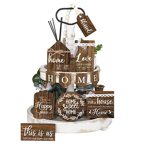 Patelai Two Tiered Tray with 11 Pcs Wooden Signs, Farmhouse Tiered Tray Decor Set Rustic Home Kitchen Table Fall Decor Wood Tiered Tray Stand Decorative Table Shelf Centerpiece (Vintage Style) Patelai