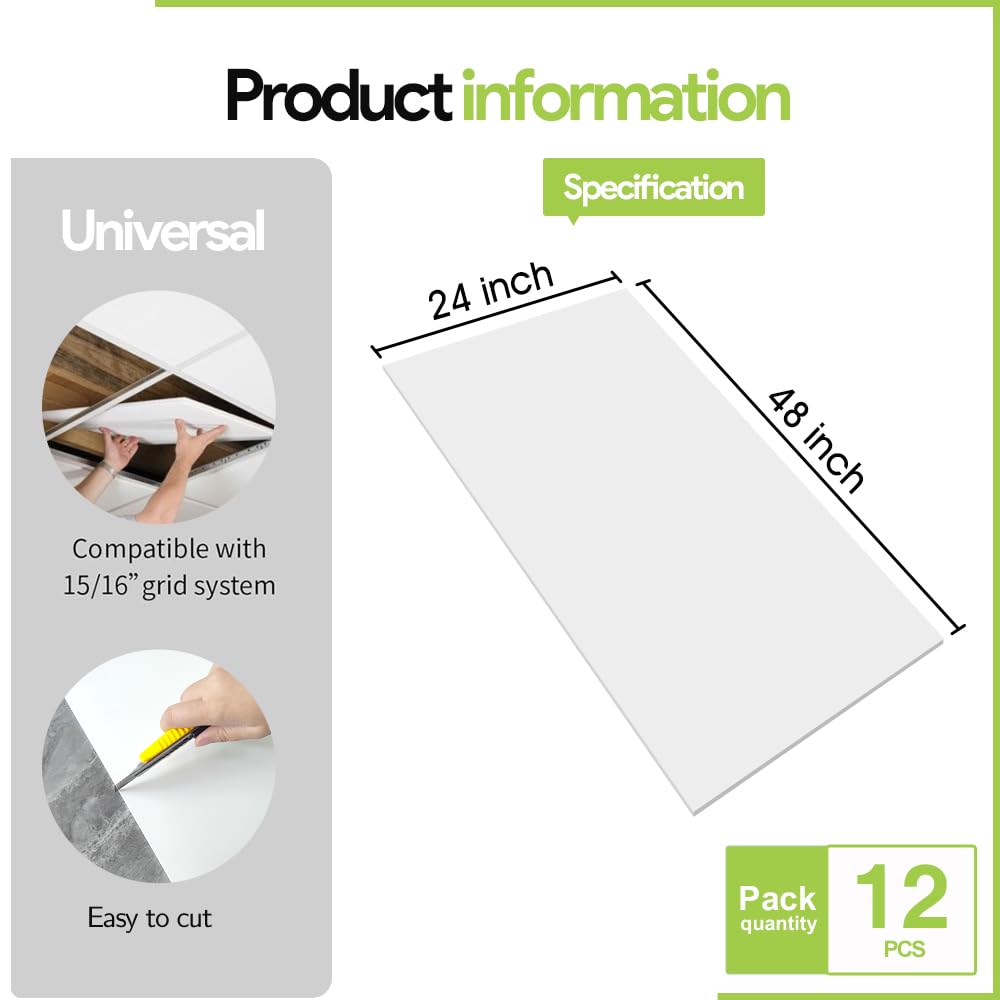 Noooza 2ft x 4ft Drop Ceiling Tiles，Smooth White PVC Ceiling Panel 24 x 48in. Waterproof, Washable and Fire-Rated - Reusable - High-Grade PVC to Prevent Breakage-Package of 10 Tiles Noooza
