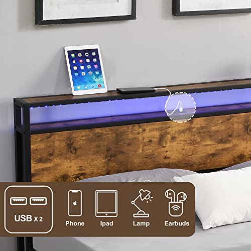 Prohon Queen Size Bed Frame with LED Lights, USB Charging Ports & Storage in Antique Brown - WoodArtSupply