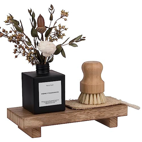 Small Wood Tray Pedestal Stand Farmhouse Bathroom Decor Decorative Wooden Riser Kitchen Soap Dish Holder for Vanity, Counter, Sink, Brown zoocatia
