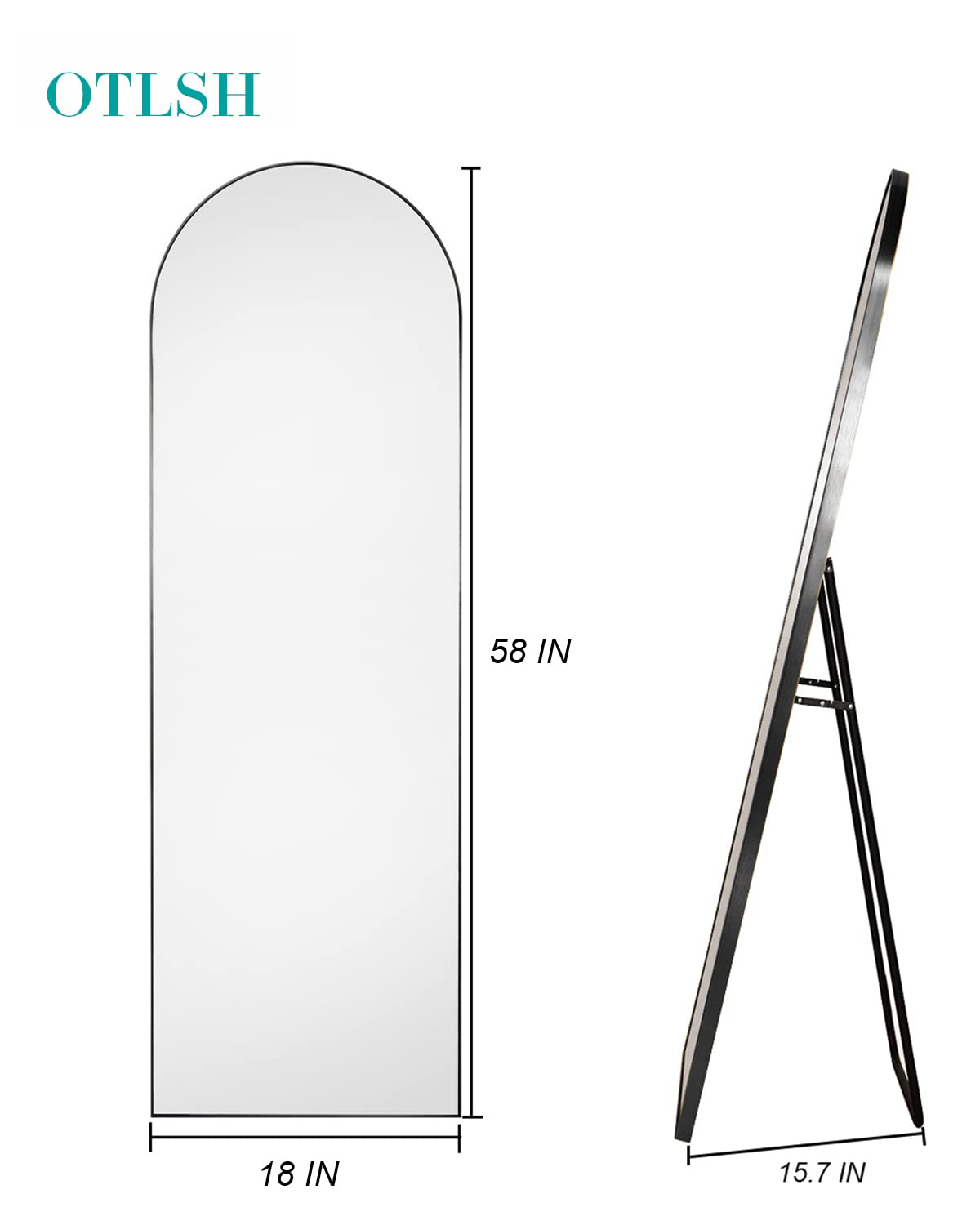 Otlsh Floor Mirror, 58"×18" Arched Full Length Mirror Arched with Stand, Standing Mirror, Full Body Mirror, Large Mirror, Arched Wall Mirror, Freestanding, Aluminum Frame - Black Otlsh