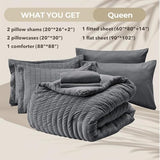 HYMOKEGE Queen Comforter Set Seersucker 7 Pieces, All Season Luxury Bed in a Bag for Bedroom, Bedding Set with Comforters, Sheets, Pillowcases & Shams, Dark Grey HYMOKEGE