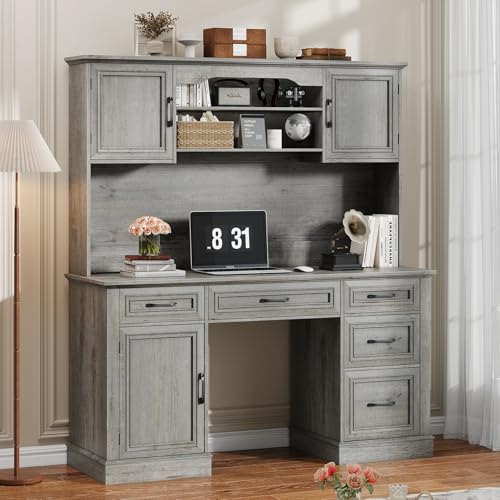 67" H Farmhouse Executive Desk with Hutch. Wood Workstation with 5 Drawers, Storage Cabinet, File Drawers and Charging Station, Ideal as Office Desks, Computer Desk for Home Office and Study.Gray Halitaa
