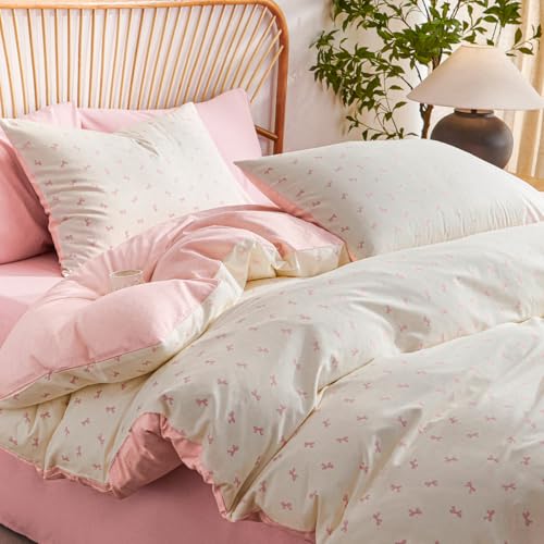 CCoutueChen 100% Cotton Duvet Cover Queen Pink Bow Bedding Set for Girls Kids Cute Bowknot Duvet Cover Set, Soft Comfy 3 Pieces, 2 Pillowcases, Zipper Closure CCoutueChen