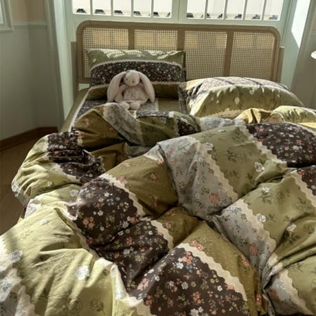 4pcs Duvet Cover Set- 100% Cotton Comfort Duvet Cover Set,a Duvet Cover,a Deep Pocket Fitted Sheet,2 Pillow Shams Home Bedding with Zipper Closure for All Season (Queen (U.S. Standard), vintage) zeyekuku