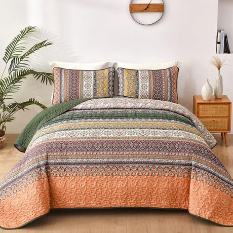 WONGS BEDDING Boho King Quilt Set, Green and Orange Bohemian Quilt Bedding Set, Fall Lightweight Bed Decor Bedspread for All Season Reversible Microfiber Coverlet Bedding Set 103"x90"(3 Pieces) WONGS BEDDING