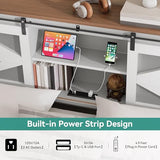 YITAHOME Farmhouse Queen Size Bed Frame with Headboard, Bookcase Storage Shelves, Sliding Grid Barn Door, Charging Station, Rustic Wood Platform Bed, No Box Spring Needed, White YITAHOME