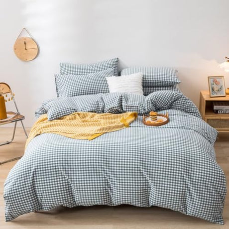 mixinni Blue Gingham Comforter Set King, Plaid Comforter Set 3 Pieces 1 Blue Grid Comfoter with 2 Pillow Cases for All Seasons, Soft Fluffy Modern Grid Pattern Printed Bedding-King Size mixinni