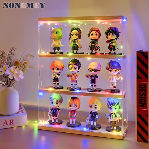 NONEMEY Clear Acrylic Display Case Stand with Wood Base 2 Tier、3 Tier、12/24 Compartments Storage Box Wall Mount Showcase Dustproof Organizer Box for NONEMEY