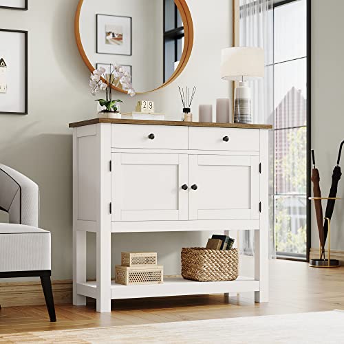 HOSTACK Farmhouse Console Table with 2-Door Cabinet & 2 Drawers, Coffee Bar, Entryway Table with Storage Shelf, Sofa Tables Buffet Sideboard for Kitchen, Hallway, Dining, Living Room, White HOSTACK
