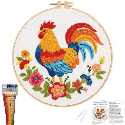 Nuberlic Rooster Embroidery Kit for Adults Beginners, Stamped Farmhouse Embroidery Starter Kit with 7.9 Inch Hoop, Threads, Needles & Instructions, DIY Needlework Craft Gift