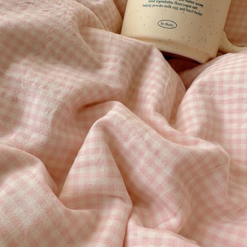 VM VOUGEMARKET Pink Full Duvet Cover Set 3 Pieces Lace Bedding Set Simple Cozy Plaid Checkered Comforter Cover with Zipper Ties for Teen Girls VM VOUGEMARKET