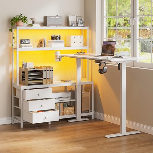 REAHOME 65" L Shaped Standing Desk with Storage, Height Adjustable Electric Sit Stand Up Desk with Hutch & Drawers, Charging Station, LED Light, Cable Management, Home Office Desk, White REAHOME