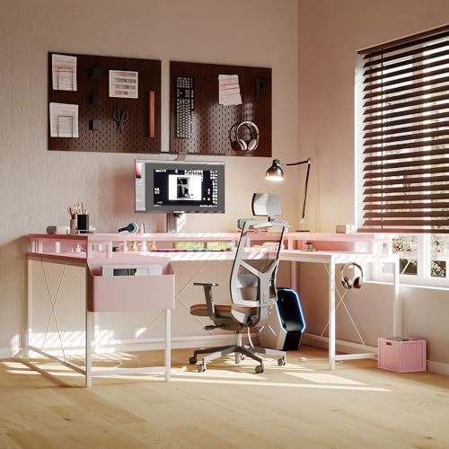 FinerFurnis U-Shaped Gaming Desk with Power Outlets & LED Lights - Reversible L-Shaped Computer Desk for Home Office | Large Corner PC Table with Monitor Stand & Storage Shelves, Pink FinerFurnis