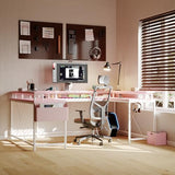 FinerFurnis U-Shaped Gaming Desk with Power Outlets & LED Lights - Reversible L-Shaped Computer Desk for Home Office | Large Corner PC Table with Monitor Stand & Storage Shelves, Pink FinerFurnis