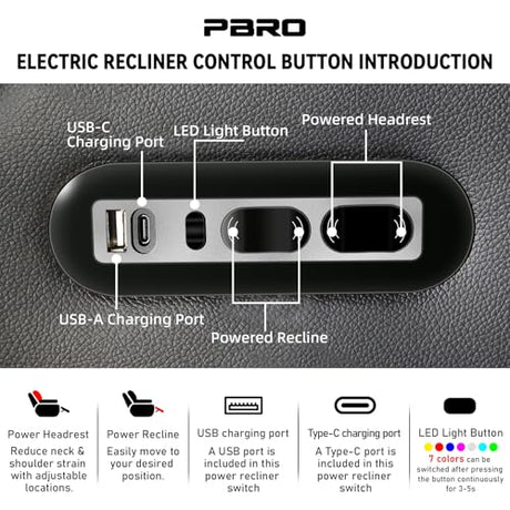 PBRO Home Theater Seating Top Grain Leather, Zero Gravity Recliner Chair Movie Theater Chairs Electric Sofa with Power Reclining USB Charge Ambient Lighting Black Single Seats for Living Room PBRO