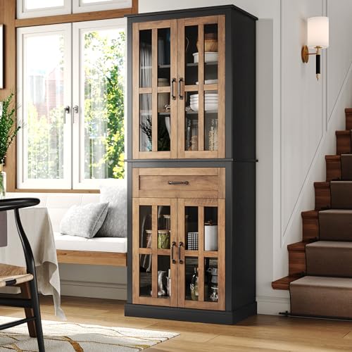 FOTOSOK 71'' Kitchen Pantry Cabinet, Tall Kitchen Cabinet Pantry Cabinet with Glass Doors and Drawer, Freestanding Food Pantry Kitchen Hunch with Adjustable Shelves for Dining Living Room, Natural FOTOSOK