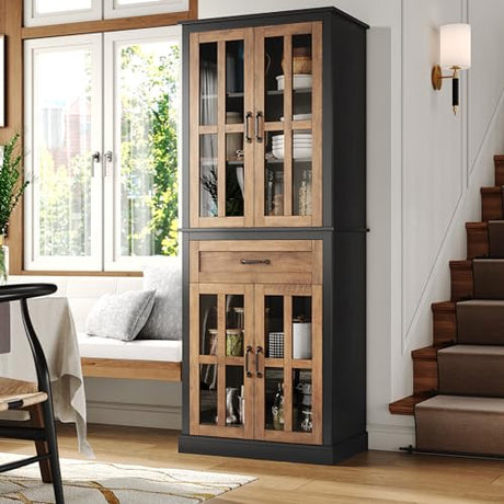 FOTOSOK 71'' Kitchen Pantry Cabinet, Tall Kitchen Cabinet Pantry Cabinet with Glass Doors and Drawer, Freestanding Food Pantry Kitchen Hunch with Adjustable Shelves for Dining Living Room, Natural FOTOSOK