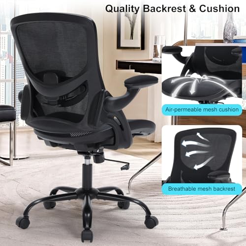 Office Chair, Ergonomic Desk Chair with Adjustable Lumbar Support, Comfy Breathable Mesh Chair with Wheels and Flip-Up Armrests, Executive Chairs for Home Office Comfortable Chair with Rolling Swivel SOERGO