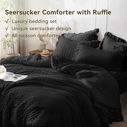 JOLLYVOGUE Black Twin Size Comforter Set, 2 Pieces Seersucker Lightweight Fluffy Bedding Set, Twin Ruffle Comforter, All Season Soft Microfiber Shabby Chic Bed Set JOLLYVOGUE