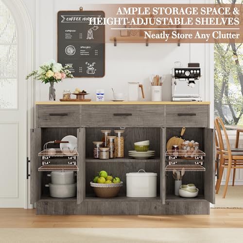 Shintenchi Buffet Cabinet with Storage,53.4" Large Kitchen Storage Cabinet with 3 Drawers and 4 Doors,Wood Farmhouse Buffet Sideboard with Adjustable Shelf for Kitchen Living Room, Gray Shintenchi