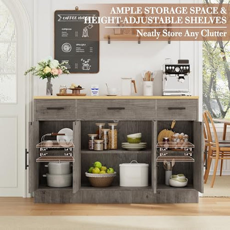 Shintenchi Buffet Cabinet with Storage,53.4" Large Kitchen Storage Cabinet with 3 Drawers and 4 Doors,Wood Farmhouse Buffet Sideboard with Adjustable Shelf for Kitchen Living Room, Gray Shintenchi