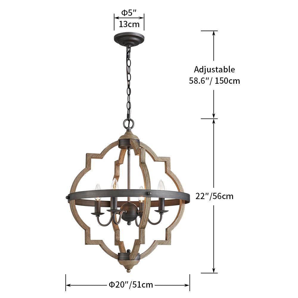 Saint Mossi 4-Lights Farmhouse Chandelier for Dining Room, Rustic Globe Black Chandeliers for Dinging Room, Orb Drum Chandeliers Light Fixtures, H22 x D20, Wood Grain Metal Frame