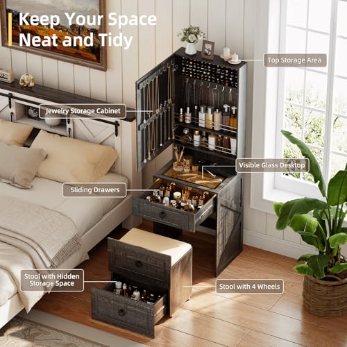 MDGC Makeup Vanity Desk with Mirror and Lights,Small Vanity Desk Set with Charging Station & Glass Top,Compact Dressing Table with Jewelry Cabinet & Storage Wheel Stool for Bedroom, Rustic Brown MDGC