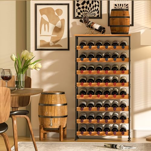 48 Bottles Floor Wine Rack with Wood Top, Freestanding Wine Bottle Organizer Shelf, Wobble-Free 8 Tier Wine Display Storage Stand for Kitchen Pantry, 25.2''L x 10.7''W x 47.2''H