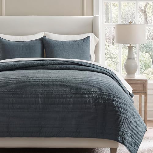 EVERGRACEHOME 100% Cotton Modern Lines Quilt Set King Size, Pre-Washed Soft Striped Coverlet Bedspread, 3 Piece Lightweight Bedding Set for All Season, with 2 Pillow Shams, Midnight Blue EVERGRACEHOME