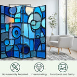 4 Panels Folding Screen Room Divider Abstract Stained Glass Mosaic Blue Spirals Canvas Screen Room Separator Freestanding Protective Decorative Divider Privacy Partition VETEB
