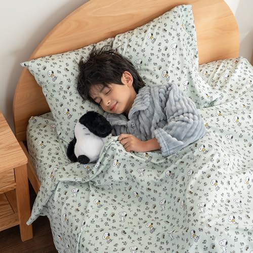 Berkshire Blanket Peanuts® Kids Sheet Set Twin Size - 3 Pieces,Cute Character Snoopy Printed Soft Microfiber Bed Sheets,Mini Snoopy & Woodstock New Flower and Bees Sage Berkshire Blanket