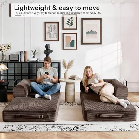 JJJ 63 inch Sofa Bed 4-in-1 Boneless Convertible Corduroy Sleeper Folding Couch with Fixed-Shape Frame and 2 Futons No Assemble Required 3 Seater Upholstered for Living Room (Brown, 63 inch) JJJ