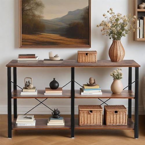 FAHKNS 55 Inch Console Table, Industrial Sofa Tables with 3-Tier Storage Shelves for Home Living Room Hallway Entryway,TV Stand with Metal Frame,Vintage Brown FAHKNS