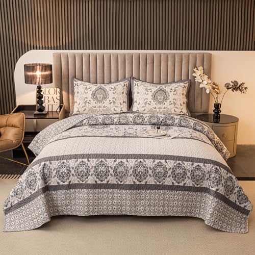 BEITE FIBER Nordic Style King Size Quilt Comforter Bedding Set -3 Pieces Red Quilts (1 Quilt, 2 Pillow Shams) Bedding Set, All Season Lightweight Bedspreads Sleep Companion(Grey) BEITE FIBER