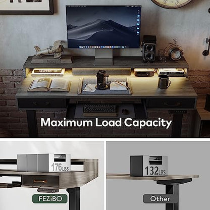 FEZIBO 55 x 25 Inch Height Adjustable Electric Standing Desk with Double Drawers&Keyboard Tray, Stand Up Desk with LED Strips, Sit Stand Desk with Monitor Stand, Rustic Grey