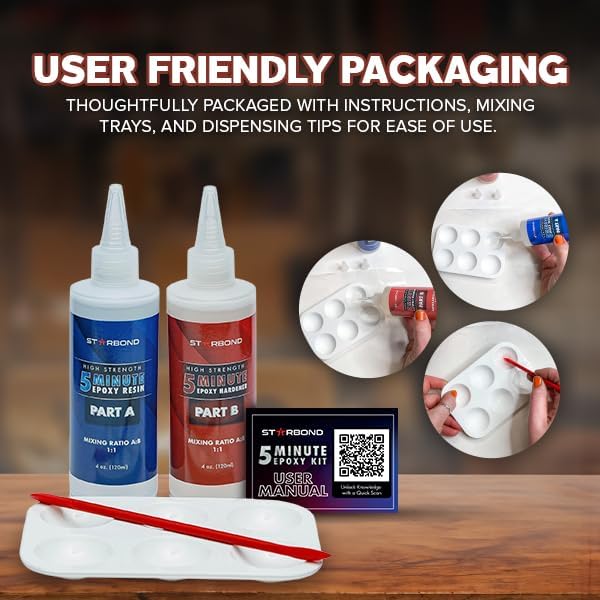 Starbond 5 Minute Epoxy Adhesive - Super Tough and Durable - 1900 lb Lap Shear Strength, 1:1 Ratio Instant Mix — Fast Set, Quick Cure, Compatible with Wood, Metal, Glass, Ceramic, Fabric, 8 oz STARBOND